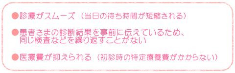 診療がスムーズ（当日の待ち時間が短縮される）、患者さまの診断結果を事前に伝えているため、同じ検査などを繰り返すことがない、医療費が抑えられる（初診時の特定療養費がかからない）